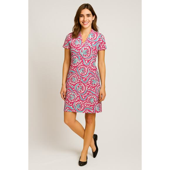 J. McLaughlin Dress XS Pink Aqua Scroll Floral Short Sleeve Knit Shift Stretch - Picture 1 of 11